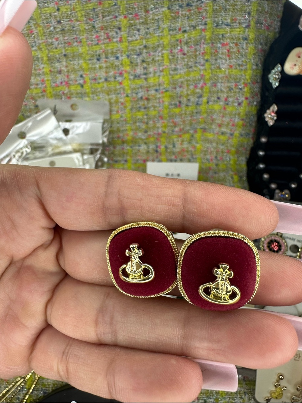 A great Vivienne Westwood Gold Orb Stud Earrings with Burgundy Velvet